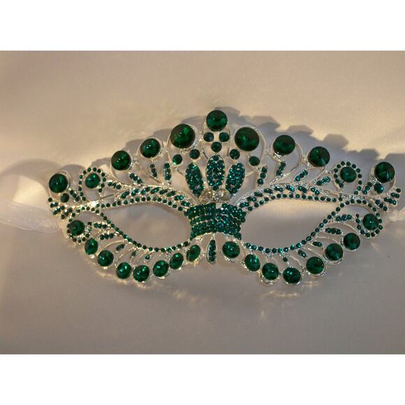 Green rhinestone mask, party ball mardi gras masquerade costume prom bridal mask - Picture 2 of 6